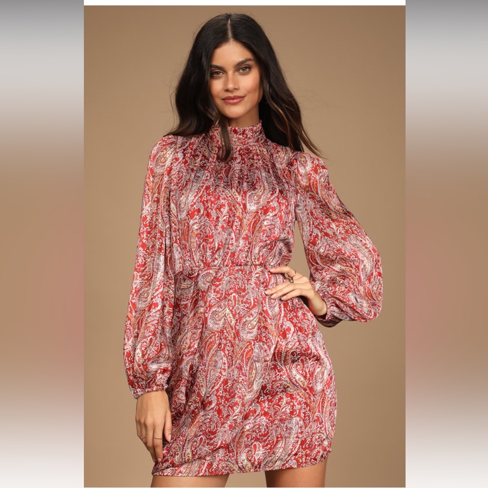 Lulu’s Rust Red Paisley Print Long Sleeve Mini Dress